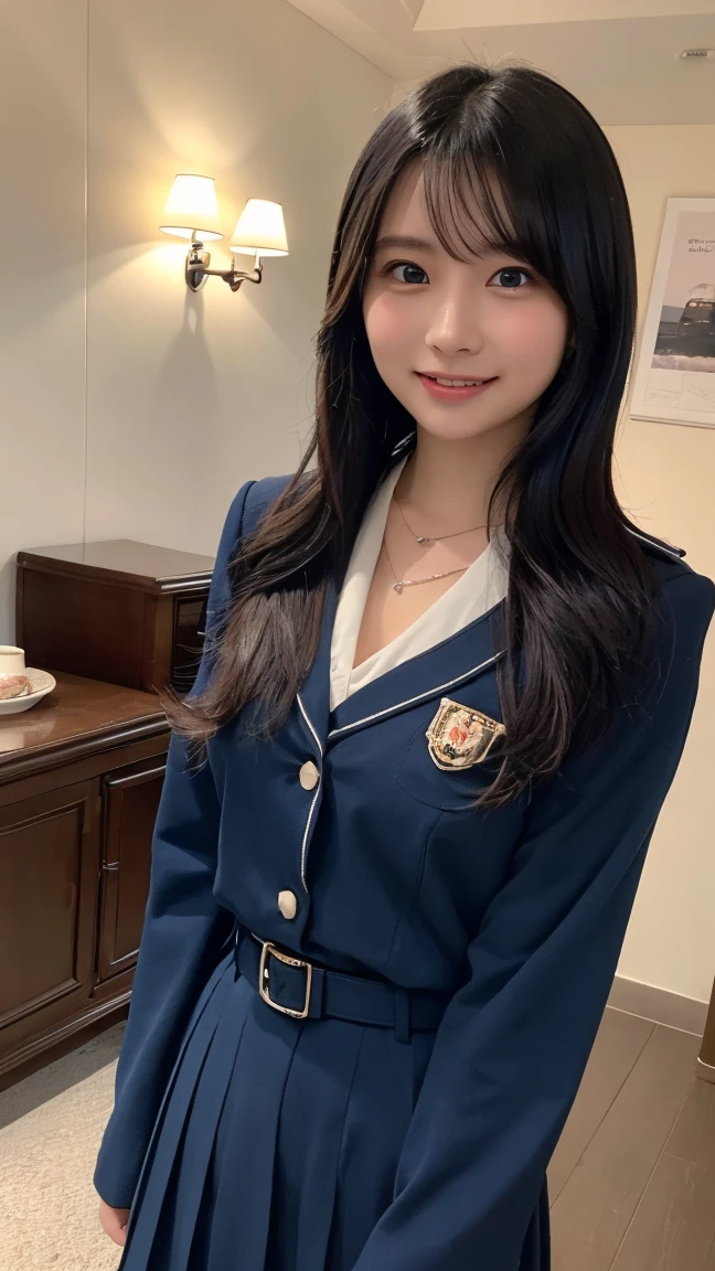 {
  "prompt": "A beautiful young woman with long, black hair and a radiant smile. She has large blue eyes and flawless skin. She is wearing a  and a stylish necklace that adds a touch of elegance to her look. Her long hair flows beautifully, and her well-endowed figure is highlighted by the uniform. She is standing in a bright, cheerful setting that enhances her joyful expression and overall beauty.",
  "size": "1024x1024",
  "n": 1
}

