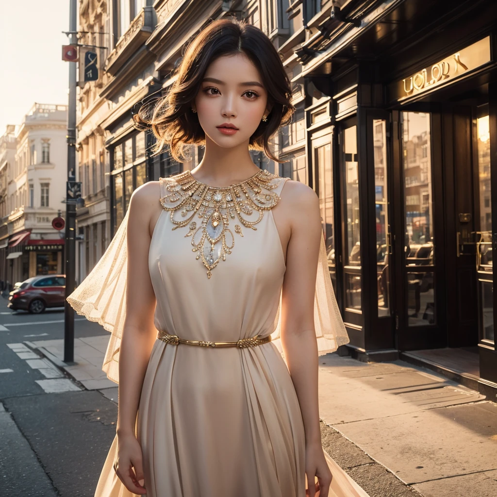1girl, elegant dress, standing in front of high-end fashion boutique, golden hour lighting, cinematic, dramatic colors, vibrant, photorealistic, 8k, best quality, masterpiece, detailed face, beautiful eyes, beautiful lips, long eyelashes, stylish pose, luxury, urban, high-end, dynamic, atmospheric