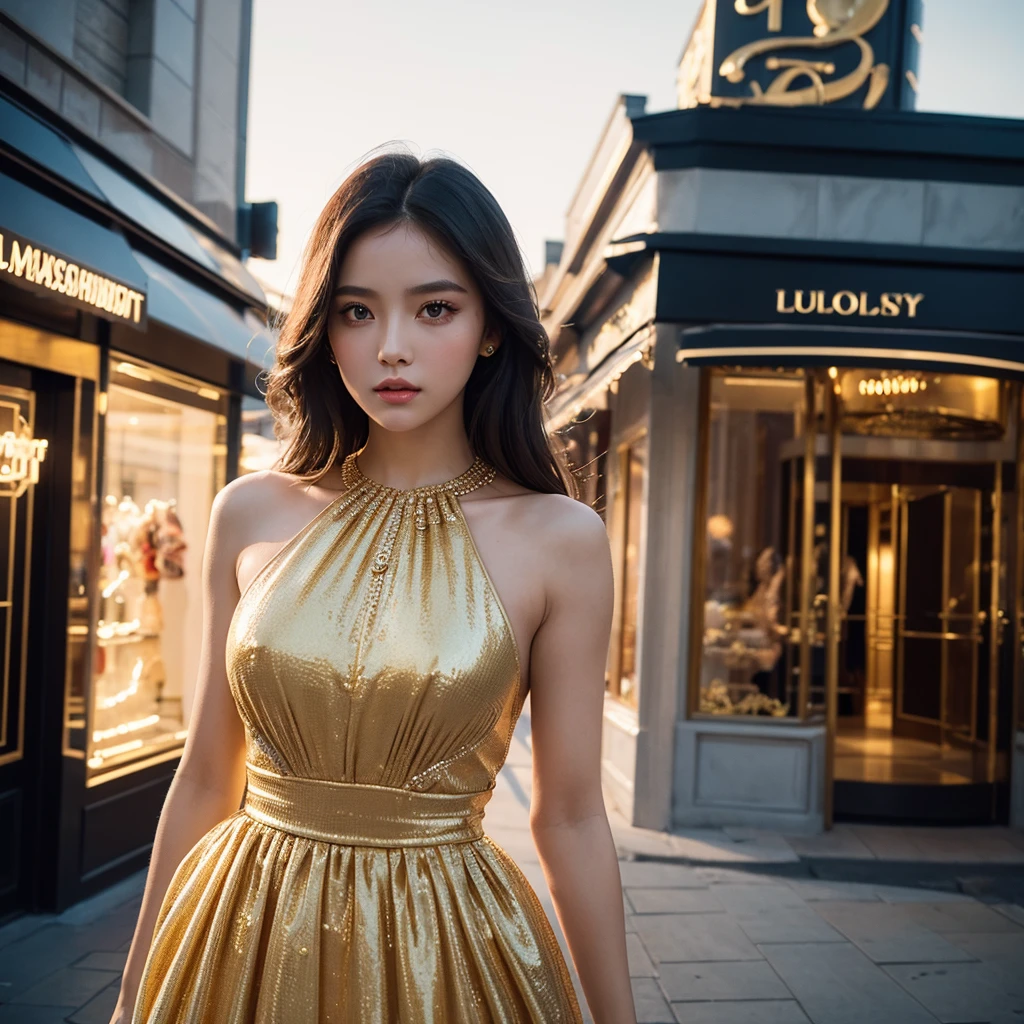 1girl, elegant dress, standing in front of high-end fashion boutique, golden hour lighting, cinematic, dramatic colors, vibrant, photorealistic, 8k, best quality, masterpiece, detailed face, beautiful eyes, beautiful lips, long eyelashes, stylish pose, luxury, urban, high-end, dynamic, atmospheric