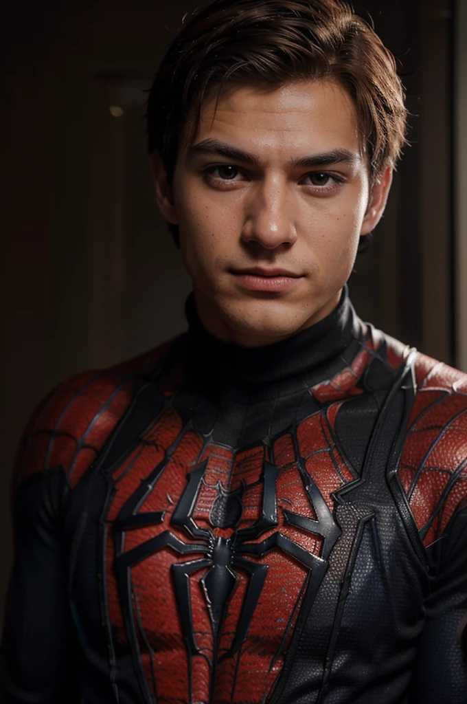 A photograph of spider man, no mask, 20 yo, handsome, detailed face, looking at camera, portrait, 8k uhd, high quality