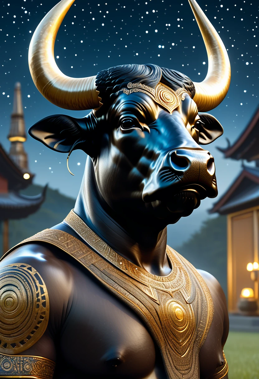 Half man half asian black bull, tribal, caramel horns, a milky way, golden ratio, hyperdetail, hyperrealism, hyperfocus, ornate, fantasy, Gregory crewdson, 8k resolution, octane render, detailed,  man half asian black bull, tribal, Frozen Empire, caramelpò, cinematic, realistic