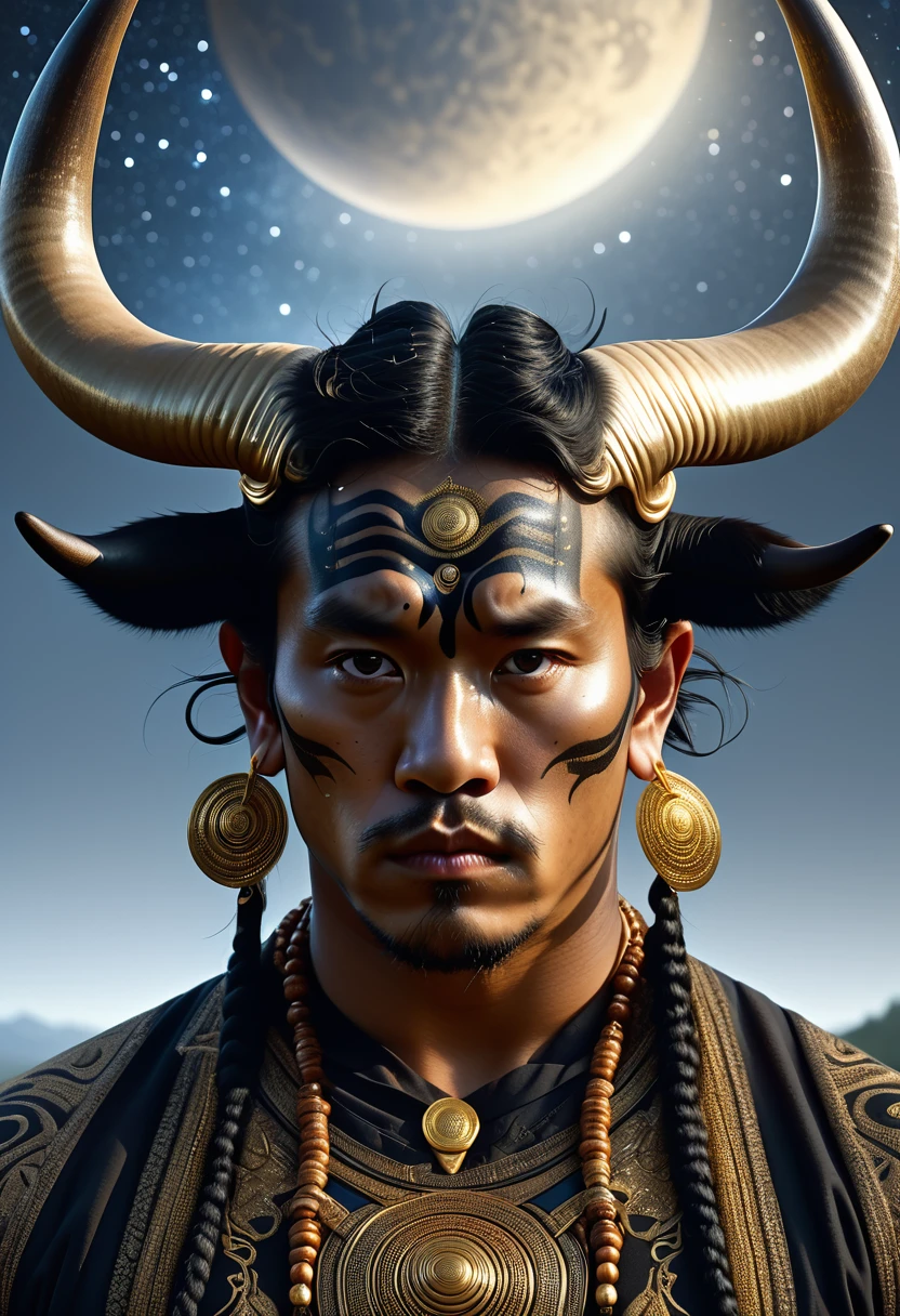 Half man half asian black bull, tribal, caramel horns, a milky way, golden ratio, hyperdetail, hyperrealism, hyperfocus, ornate, fantasy, Gregory crewdson, 8k resolution, octane render, detailed,  man half asian black bull, tribal, Frozen Empire, caramelpò, cinematic, realistic