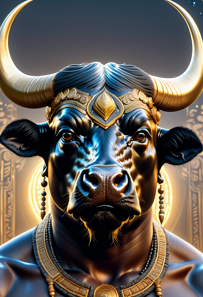 Half man half asian black bull, tribal, caramel horns, a milky way, golden ratio, hyperdetail, hyperrealism, hyperfocus, ornate, fantasy, Gregory crewdson, 8k resolution, octane render, detailed,  man half asian black bull, tribal, Frozen Empire, caramelpò, cinematic, realistic