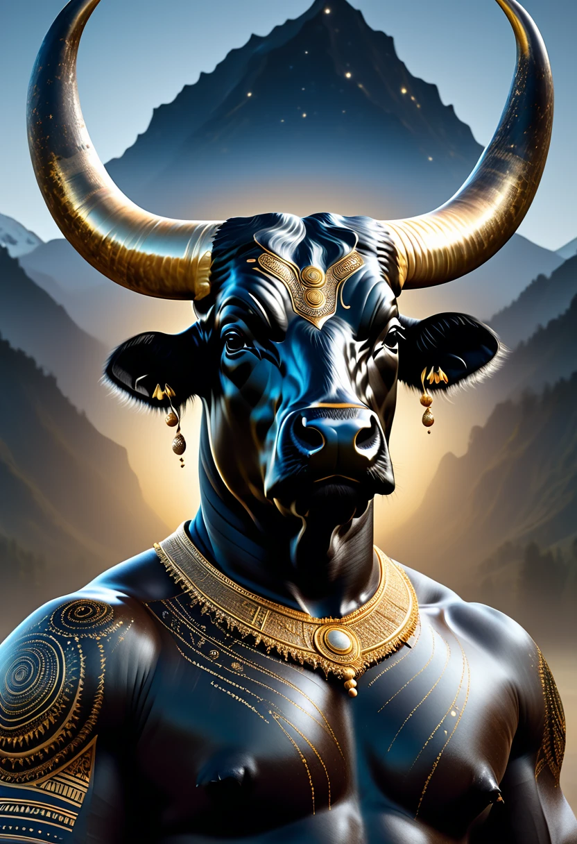 Half man half asian black bull, tribal, caramel horns, a milky way, golden ratio, hyperdetail, hyperrealism, hyperfocus, ornate, fantasy, Gregory crewdson, 8k resolution, octane render, detailed,  man half asian black bull, tribal, Frozen Empire, caramelpò, cinematic, realistic