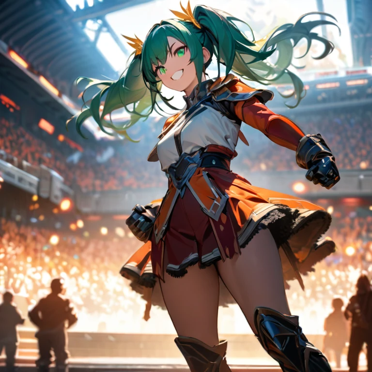 (best quality,8k,highres, masterpiece:1.2), ultra-detailed, HDR, UHD, studio lighting, ultra-fine painting, sharp focus, physically-based rendering, extreme detail description, professional, vivid colors, bokeh, portraits, concept artists, warm color palette, dramatic lighting,1 girl,green eyes,pigtails,fantasic fighter's costumes,have a brass knuckles made of iron,battle Arena background,fighting pose,grin,in front of huge bear,side view,green wing accessory is back,side view,Full of spectators in the audience,