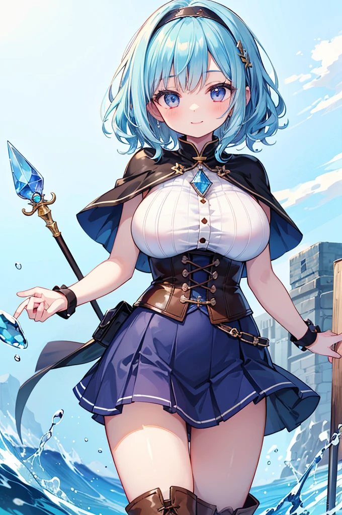 Fantasy,((Masterpiece)),((high resolution)),((Best Quality)),Anime illustration,((1girl)),(wavy hair),(short hair),(pale blue hair color),small ponytail,headband,Indigo eyes,(Big round eyes),((tareme)),12 years old,((baby face)),(((very big breasts))),Short stature,Young,(loli),,ice wizard,sleeveless white blouse,Blue mini skirt,slit,Brown corset,brown capelet,smile,,Brown long boots,wizard's wand with blue gem,