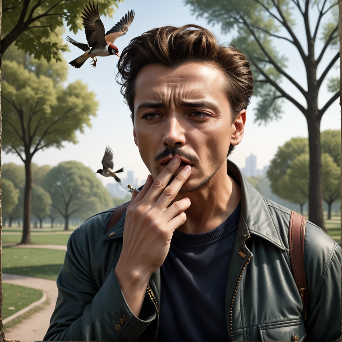 Johnny starts coughing suddenly after smoking too many cigarettes. His eyes widen in panic, and he drops the cigarette. The park setting remains, with birds flying in the background.