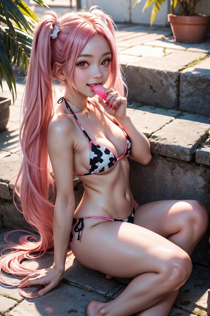Perfect human body modeling, 1girl, small breasts, beautiful girl, cute girl and idol face, young face, smile, Beautiful long pink hair, twintails, Beautiful shining red eyes, white skin, Short body, Hot summer sun, Girl sucking on a popsicle, Bikini with black cow print,