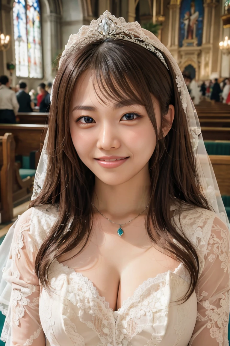 (Highest quality、Tabletop、8K、Best image quality、Award-winning works)、One beautiful bride、(alone:1.1)、(The most extravagant and gorgeous huge wedding dresses:1.1)、(Perfect Wedding Lace:1.2)、(The most gorgeous and luxurious giant tiara:1.1)、(The most extravagant and luxurious giant necklace:1.1)、Look at me with your best smile、A wide selection of the finest jewellery、Cowboy Shot、Perfect Makeup、Long eyelashes、Ultra HD Shining Eyes、Ultra HD Hair、Ultra-high resolution glossy lips、Ultra High Resolution Perfect Teeth、Super high resolution beautiful face、(Accurate anatomy:1.1)、(Very bright and beautiful skin:1.2)、(very bright and vivid:1.2)、Perfect beautiful bridal hairstyles、A gorgeous and elegant church、A gorgeous and beautiful church、(Front facing body:1.1)、(The most romantic atmosphere:1.1)、(Strongly blurred background:1.1)、(Calm and warm lighting:1.1)