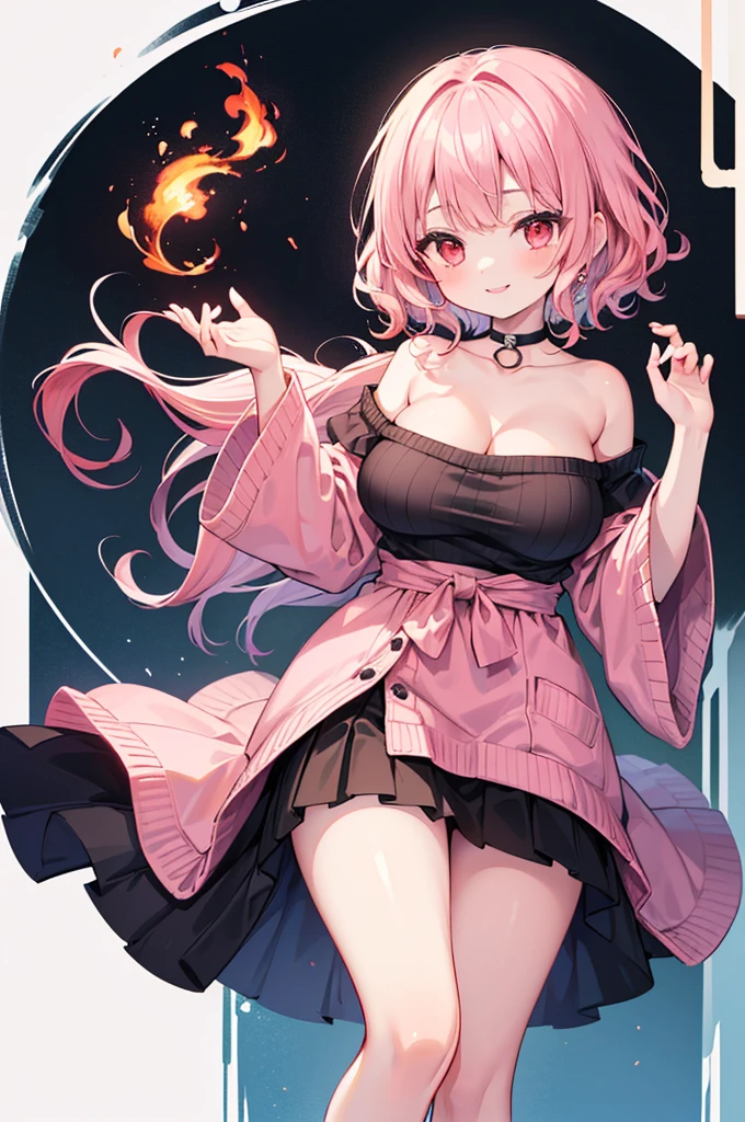 ((Masterpiece)),((high resolution)),((Best Quality)),Anime illustration,(((1girl))),(wavy hair),(short hair),(pale pink hair color),small ponytail,Red eyes,(Big round eyes),((tareme)),,((baby face)),((very big breasts)),Short stature,,Off-the-shoulder sweater,(long maxi skirt),smile,Ladylike,