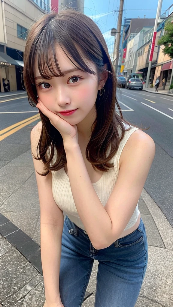 highest quality, shape, Very detailed, finely, High resolution, 8k wallpaper, Perfect dynamic shape, Beautiful and detailed, Summer clothes,Medium Hair,Natural color lip,smile,20-year-old girl、Midnight、Beautiful and elaborate face、Perfect and beautiful face、Slim face and figure,spread your arms wide,Big eyes,Take a photo with your face raised from below your knees、Small face、Beautifully detailed face、Perfect and beautiful double eyelids、Big cleavage、Long, Slender legs、One Woman、gravure、Skinny jeans、Watching the audience、run
