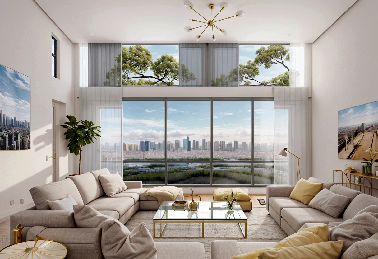 Design a contemporary living room with large windows, elegant furnishings, e uma vista do horizonte da cidade ou da natureza. Papel de parede 8K