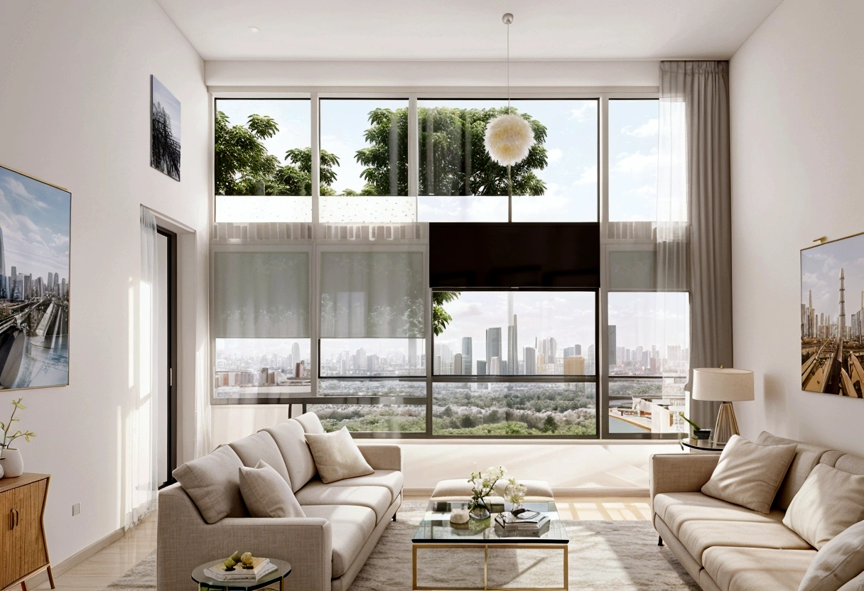 Design a contemporary living room with large windows, elegant furnishings, e uma vista do horizonte da cidade ou da natureza. Papel de parede 8K