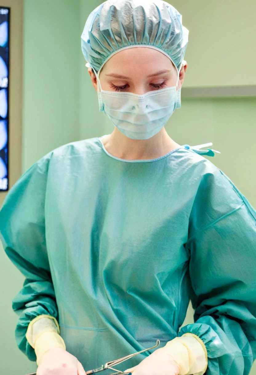 score_9, score_8_up, score_7_up, masterpiece, highest quality, pale skin, shy eyes, cover the ears, big breasts, surgical mask, surgical cap, long sleeve surgical gown,
1 girl, solo, rubber gloves, frown, standing, in one hospital, in the operating room,