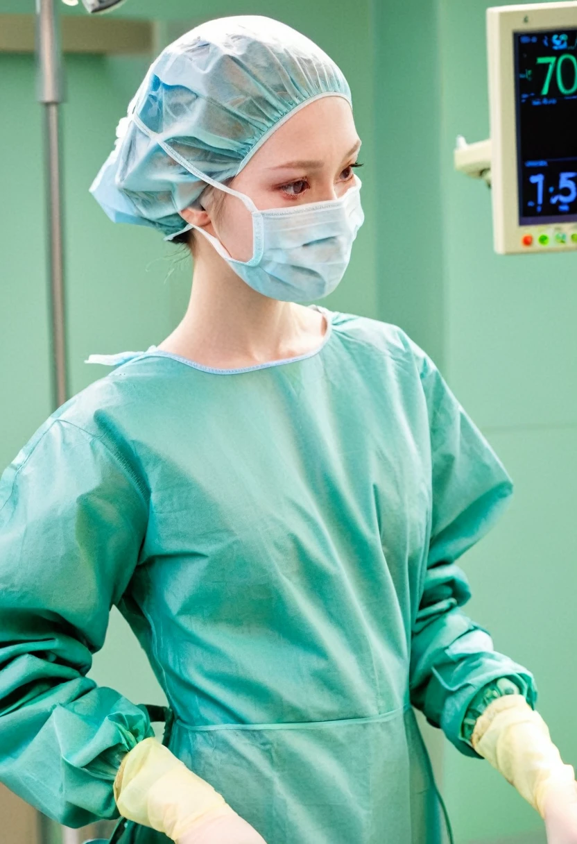 score_9,  score_8_up, score_7_up, masterpiece, highest quality, pale skin, shy eyes, cover the ears, big breasts, surgical mask, surgical cap, long sleeve surgical gown,
1 girl, solo, rubber gloves, frown,  standing, in one hospital, in the operating room,