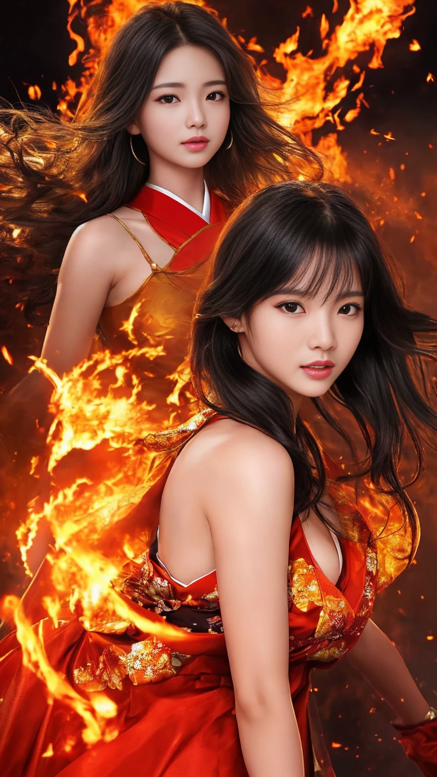 最high quality、high quality、Best image quality、8K、最High resolution、High resolution、最high quality、masterpiece、RAW Photos、whole body写真、Detailed and realistic human body、Detailed and realistic skin、Realistic face in every detail、Detailed and realistic eyes、Detailed and realistic lips、Detailed and realistic teeth、Detailed and realistic ears、Detailed and realistic hair、Realistic reproduction of every detail、((Beautiful Hands(thumb1、reference4))、Realistic feet down to the last detail、((Beautiful Japanese Girl))、(Japanese Model)、 Beautiful girl of years old))、(Black Hair)、(Random Hairstyles)、((whole body))、((Slim and perfect figure))、(Beautiful firm breasts)、(whole body光沢肌、Fair skin)、((Mysterious fabric wrapped in flames(A dress made of fire))、((Burning dress))、((The fiery dress clearly shows her body lines.))、Sexy pose