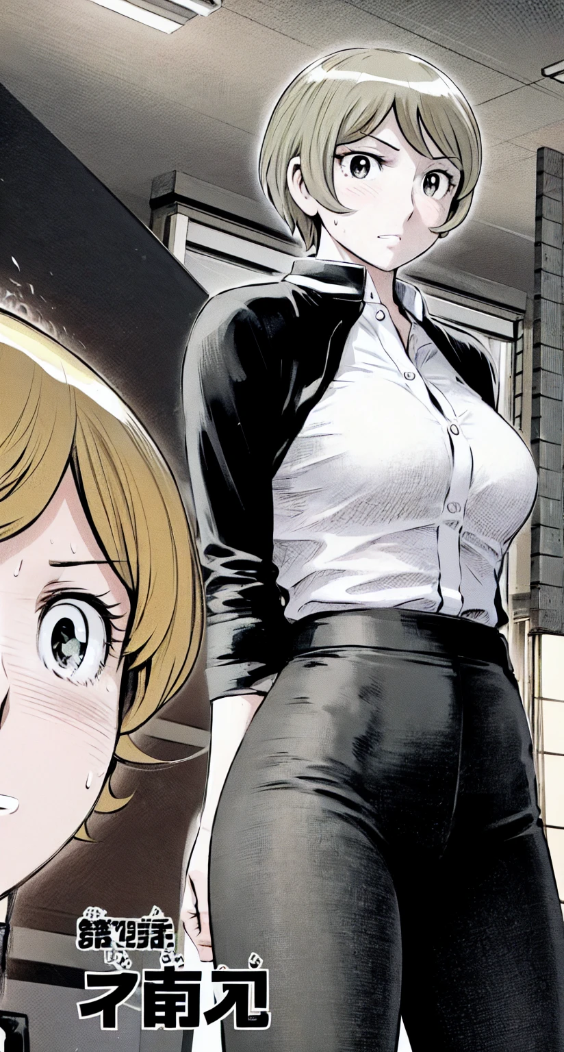 、(masterpiece、Highest quality)、Highest quality, Ultra-high resolution, (((masterpiece))), alone, Sweat、Big eyes,office、Tight white dress shirt、Tight black suit、Tight black pants、indoor、Composition from the front、(Cut the back hair short、short hair、blonde、woman)、Shortcuts、Embarrassed face、Cut your hair short、可愛いwomanの子、Big Breasts