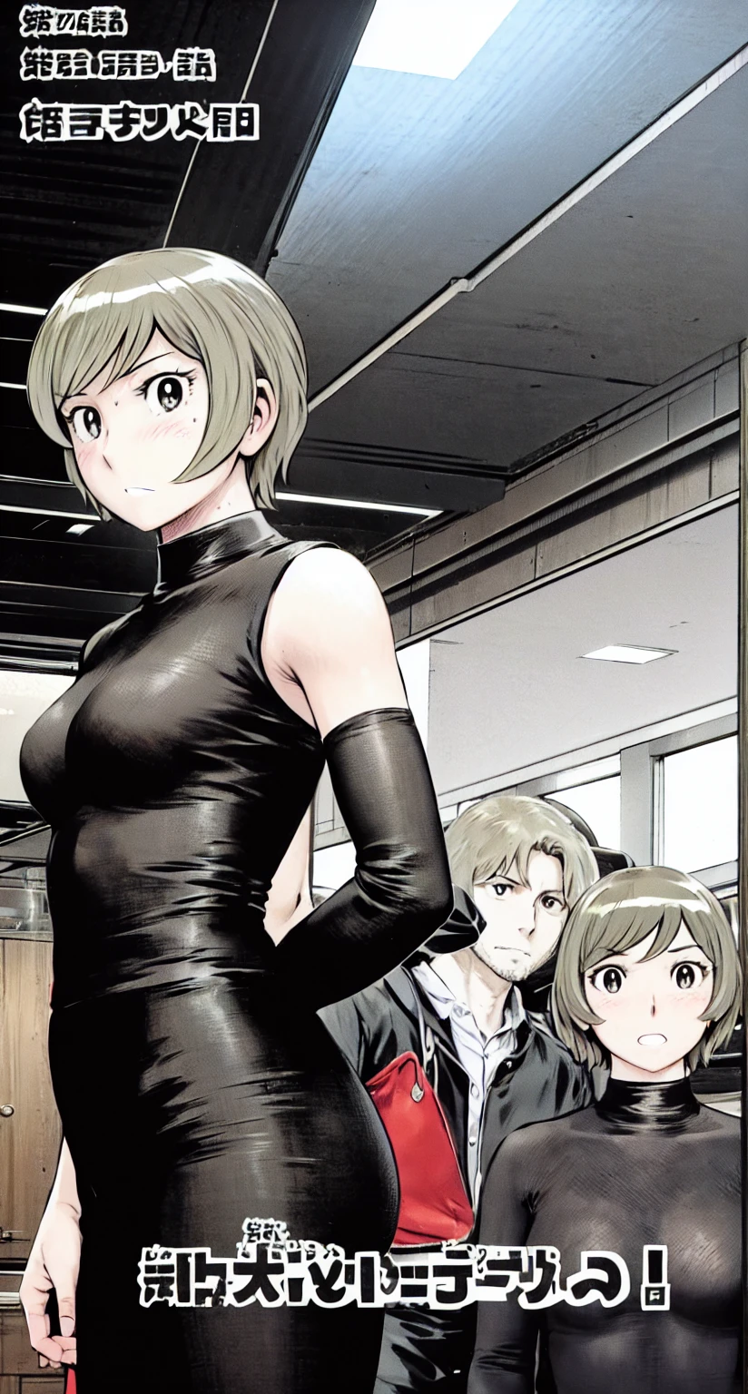 、(masterpiece、Highest quality)、Highest quality, Ultra-high resolution, (((masterpiece))), alone, Sweat、Big eyes,office、Tight white dress shirt、Tight black suit、Tight black pants、indoor、Composition from the front、(Cut the back hair short、short hair、blonde、woman)、Shortcuts、Embarrassed face、Cut your hair short、可愛いwomanの子、Big Breasts