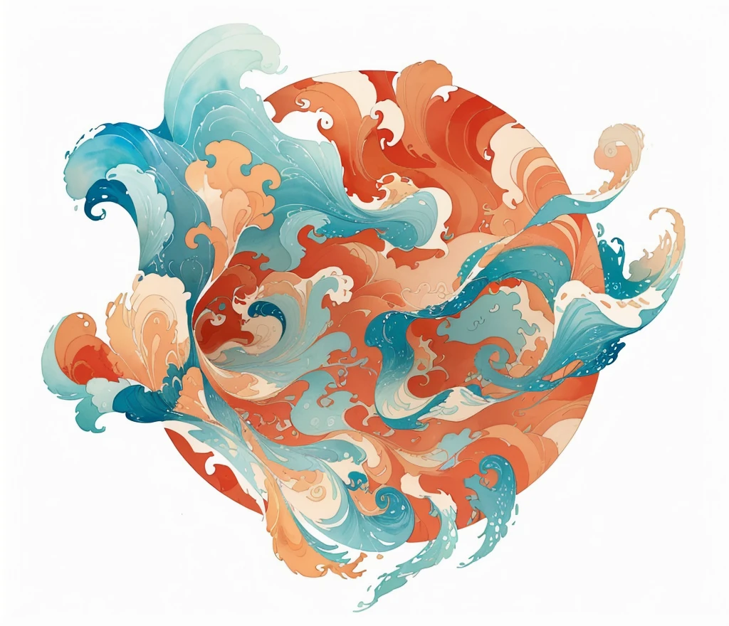 there is a picture of a picture of a wave in the ocean, a beautiful artwork illustration, harmony of swirly clouds, chinese watercolor style, liquid clouds, intricate flowing paint, inspired by James Jean, whorl. clouds, james jean and victo ngai, watercolor illustration style, inspired by Victo Ngai, colorful swirly magical clouds