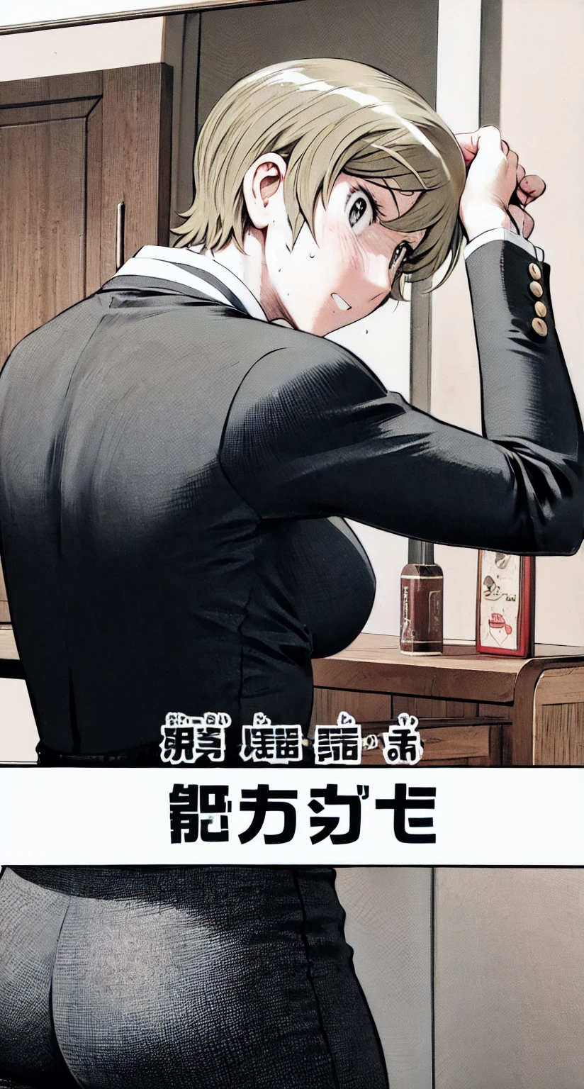 、(masterpiece、Highest quality)、Highest quality, Ultra-high resolution, (((masterpiece))), alone, Sweat、Big eyes,office、Tight white dress shirt、Tight black suit、Tight black pants、indoor、Composition from the front、（Cut the back hair short、short hair、blonde、woman）、Shortcuts、Embarrassed face、Cut your hair short、可愛いwomanの子、Big Breasts