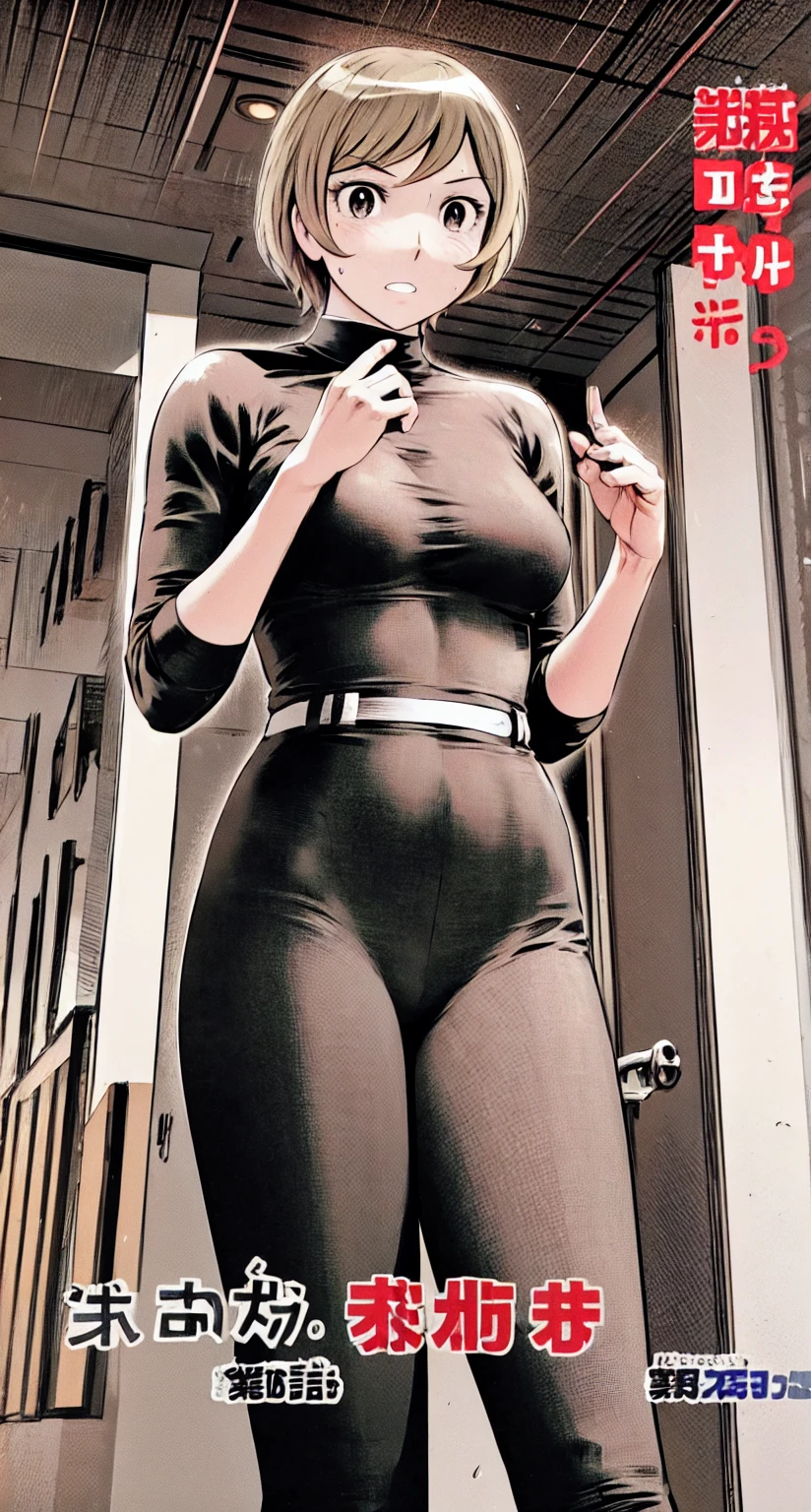 、(masterpiece、Highest quality)、Highest quality, Ultra-high resolution, (((masterpiece))), alone, Sweat、Big eyes,office、Tight white dress shirt、Tight black suit、Tight black pants、indoor、Composition from the front、(Cut the back hair short、short hair、blonde、woman)、Shortcuts、Embarrassed face、Cut your hair short、可愛いwomanの子、Big Breasts