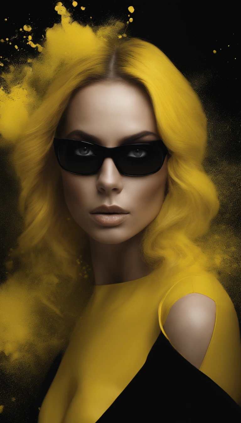 "A stunning digital artwork featuring a woman with a unique and eye-catching style. Her hair is a vibrant shade of yellow, complemented by bold black makeup. She wears a striking black and yellow dress, adorned with splatters of yellow paint that add a touch of creativity and intrigue to the piece. The dark and moody black background adds a sense of mystery and depth to the overall composition."