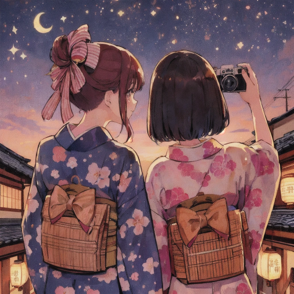 Anime girl taking a picture of herself with a camera, 80s anime style anime style mixed with Fujifilm, Wearing a yukata,smile,Japanese art style, Inspired by Shinsui Ito, Anime atmosphere, Anime-style illustrations, Cute Japanese style, Lo-fi Girl, In the Ukiyo-e art style, Inspired by Torii Kiyonaga, Lofi Art, Written by Eizan Kikukawa