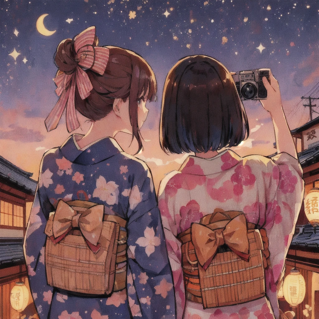 Anime girl taking a picture of herself with a camera, 80s anime style anime style mixed with Fujifilm, Wearing a yukata,smile,Japanese art style, Inspired by Shinsui Ito, Anime atmosphere, Anime-style illustrations, Cute Japanese style, Lo-fi Girl, In the Ukiyo-e art style, Inspired by Torii Kiyonaga, Lofi Art, Written by Eizan Kikukawa