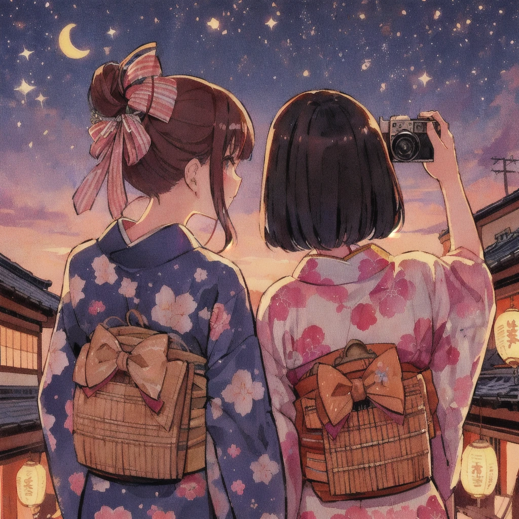 Anime girl taking a picture of herself with a camera, 80s anime style anime style mixed with Fujifilm, Wearing a yukata,smile,Japanese art style, Inspired by Shinsui Ito, Anime atmosphere, Anime-style illustrations, Cute Japanese style, Lo-fi Girl, In the Ukiyo-e art style, Inspired by Torii Kiyonaga, Lofi Art, Written by Eizan Kikukawa