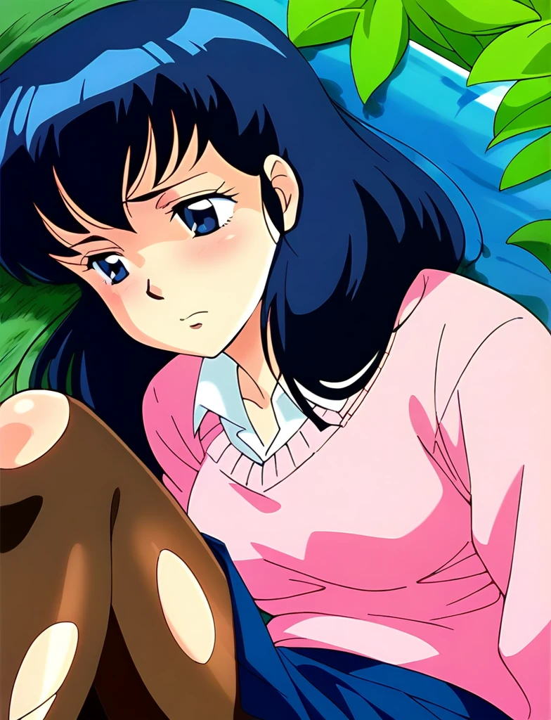 Kyoko,score_9,score_8_superior,score_7_superior,sauce_anime,One girl,alone,View your viewers,soaked,downpour,in the forest,Pink Sweater,White collared shirt,length_skirt,blue skirt,Spread your legs,Pantyhose exposed,Lying down,Sad face,:to be tied up、Bondage、Torn clothing、Rope digging into crotch、パンティ、