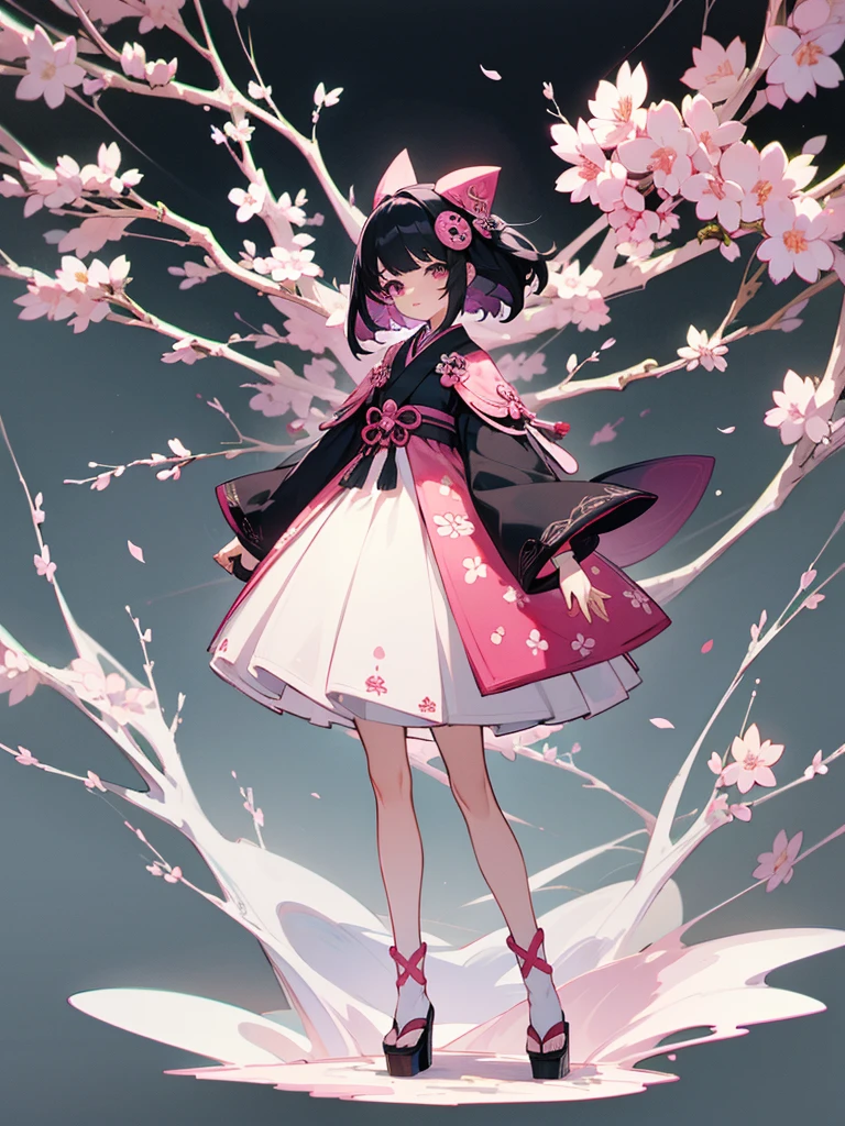 best quality, character design sheet, woman、No hat on, Black and pink hair, whole body, Head to Toe, fortune teller、Standing facing forward, Beautiful black dress, Black Hair, whole body, Pure white background, from front, best quality, Standing pose、Cherry blossom pattern、adult、Japanese、Clear eyes