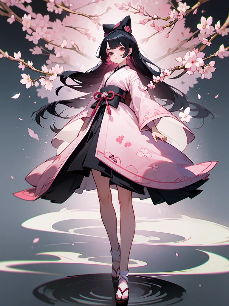 best quality, character design sheet, woman、No hat on, Black and pink hair, whole body, Head to Toe, fortune teller、Standing facing forward, Beautiful black dress, Black Hair, whole body, Pure white background, from front, best quality, Standing pose、Cherry blossom pattern、adult、Japanese、Clear eyes