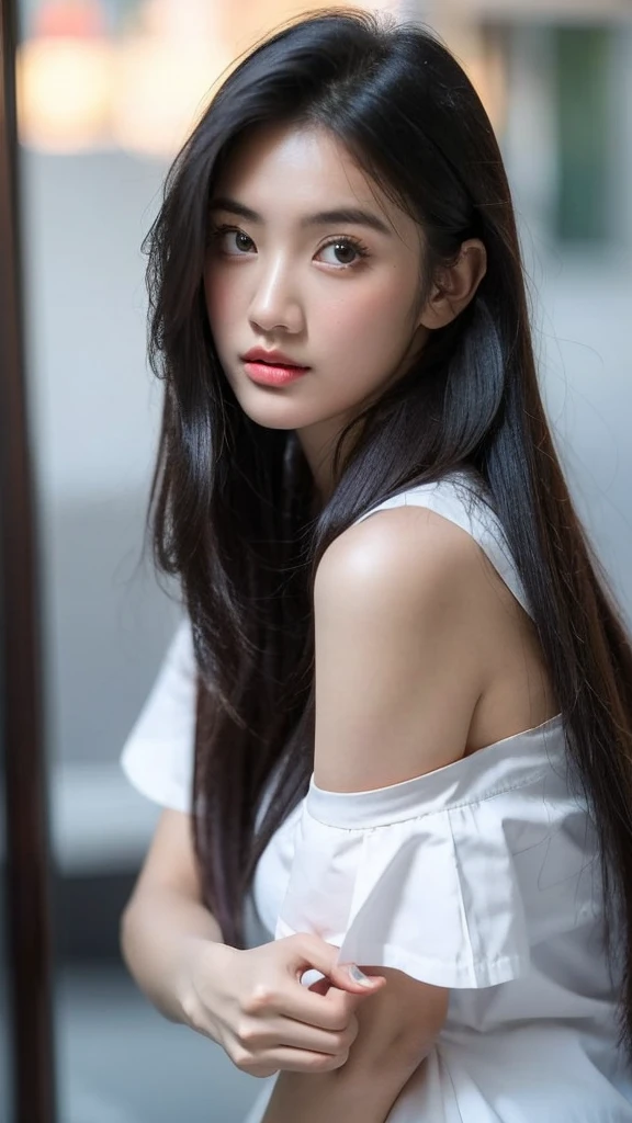 25 years old，girl，Long silver hair，Big ，Best quality, masterpiece, ultra high res, (photorealistic:1.5), raw photo, 1girl, offshoulder, in the dark, deep shadow, low key, cold light, sexy look, short hair, holding cheek, (blushing), whole body