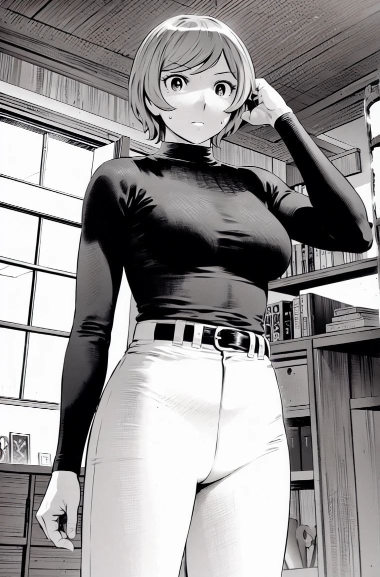 、(masterpiece、Highest quality)、Highest quality, Ultra-high resolution, (((masterpiece))), alone, Sweat、Big eyes,Tight black shirt、Tight white pants、belt、indoor、Composition from the front、（Cut the back hair short、short hair、blonde、woman）、Shortcuts、Embarrassed face、Cut your hair short、可愛いwomanの子、Big Breasts、office
