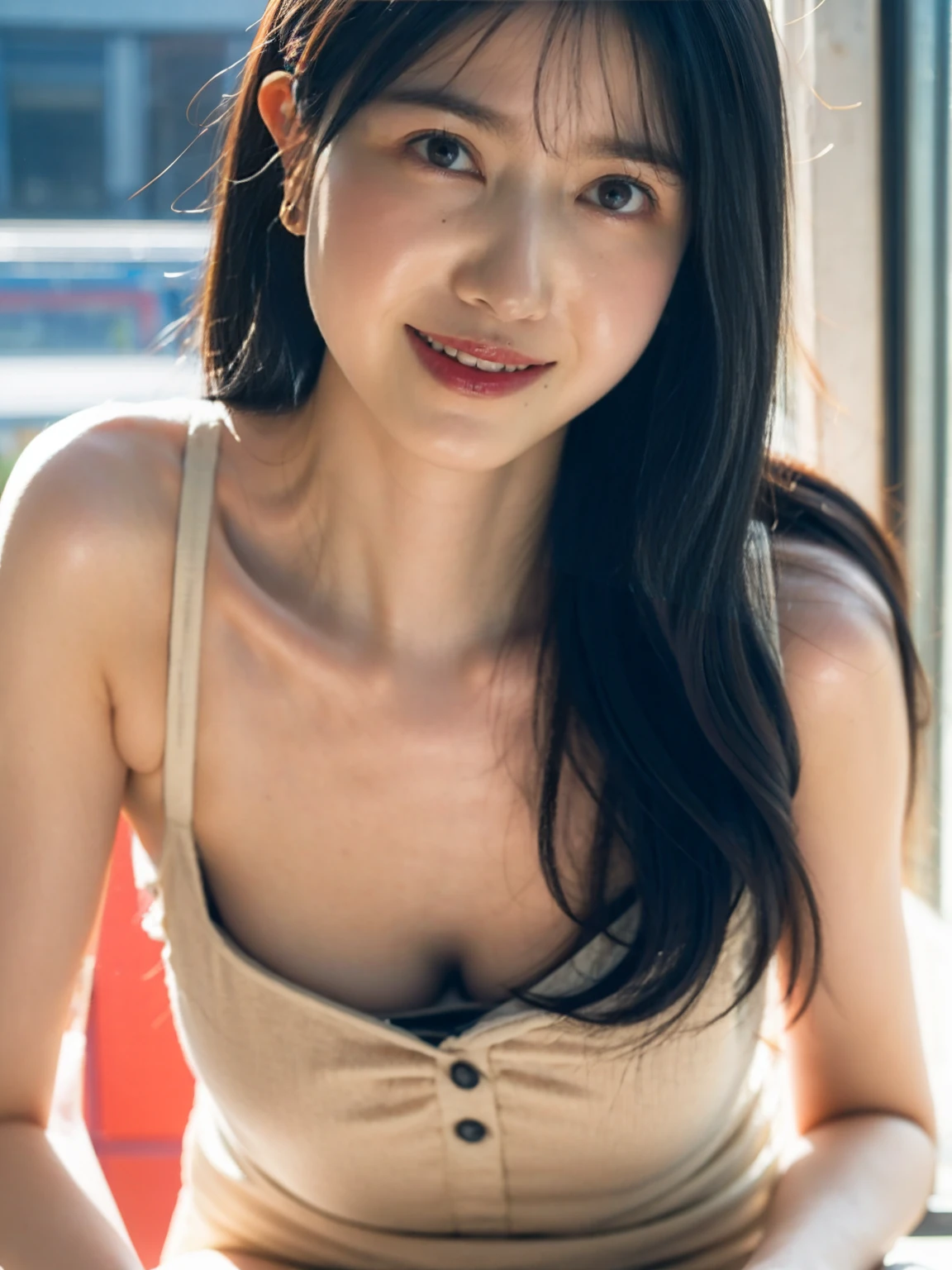 realistic photos of (1 cute japanese idol) flipped hair, thin makeup, (natural big breasts:1.4), sexy erotic tiny string of G-string lingerie, at the train station, clear facial features of Canon EOS, 16k, high resolution, sharp and realistic details,  overexposure, cut-in, UHD, high res, best quality, close up, smile, (HQ skin:1.4), (sweating).