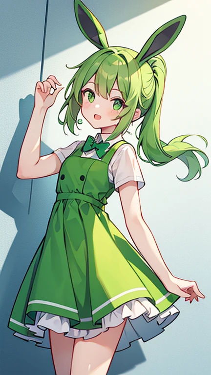 one girl,green ponytail,green eyes,green bunny ears,Green dress,white socks,green sneakers