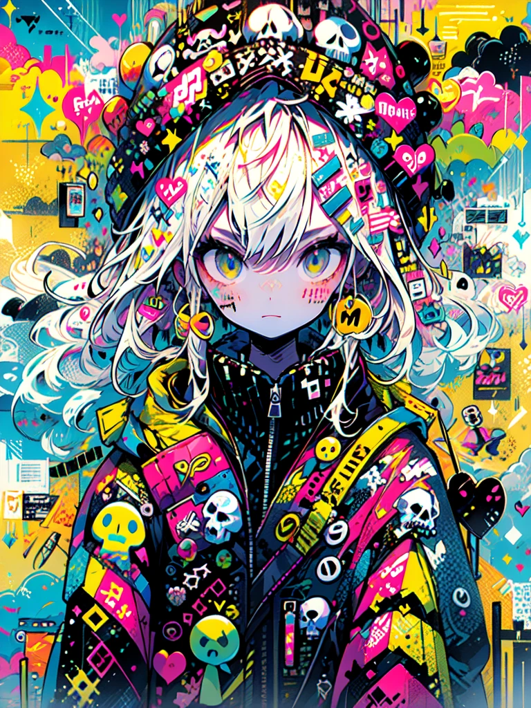 akira toriyama style、"cute, beautiful, Adorable girl wearing pink clothes, yellow, and baby blue color scheme. She is wearing a costume with a SKULL motif inspired by a female pirate.。.。.。.。.。.... Fashionable hats, rock、Comes with decorative accessories such as hair clips. Embodying the vibrant and modern Harajuku fashion style。."
