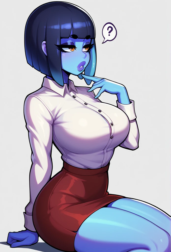 score_9, score_8_up, score_7_up, score_6_up, score_5_up, score_4_up, BREAK 1girl, light blue tentacle hair, long bob cut hair, blue skin, no irises, thick lips, long eyelashes, confused expression, sitting in a chair, blunt bangs, adult, BREAK solo, large breasts, adult, skinny, arched back, thigh gap, wearing office outfit, BREAK (office background:1.2), simple background, innocent, lovely, adorable, dynamic pose