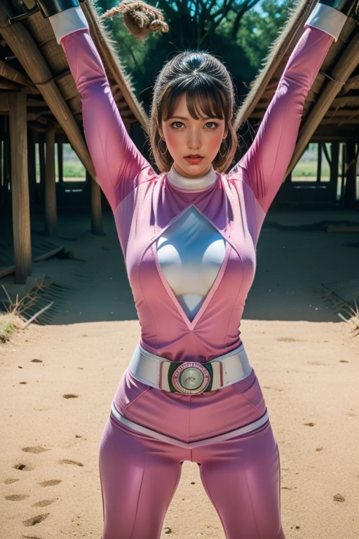 pink theme,pink ranger suit、curvy, big breats, full body, tied on Saint Andrew's cross in X position, crying, screaming, ((eyes not open:1))