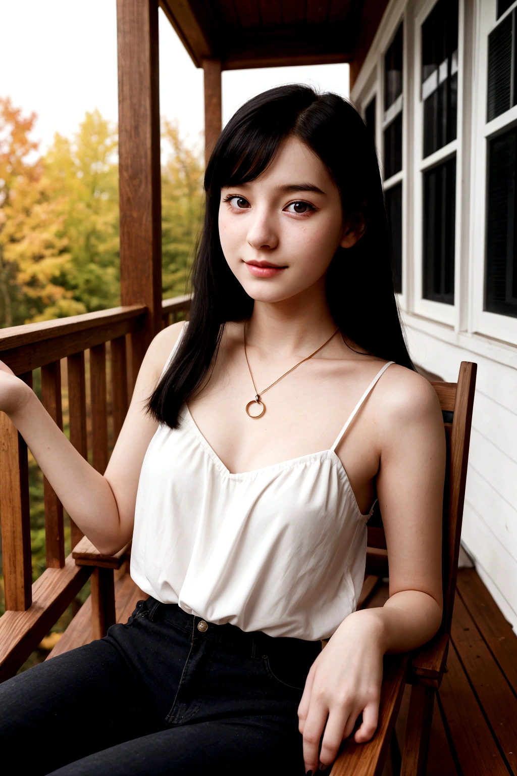 A young girl from Northern Europe, 21 years old, happy, cute face, pale skin, black hair, eyeliner, thin nose, wearing a neckline, wooden house porch, sitting on a wood chair