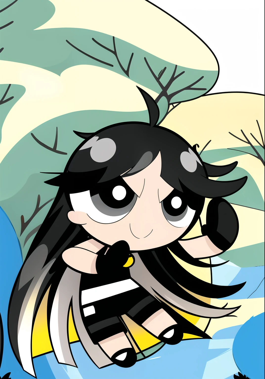(long hair, gradient hair, black white hair), smile, chibi, 1girl, black eyes, gloves, jewelry, shorts, black shorts, asymmetrical gloves, big blossom tree background,