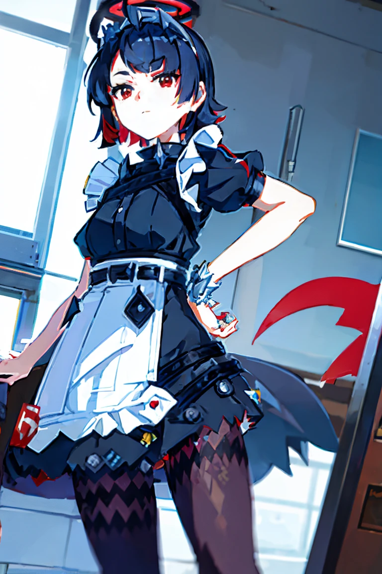 (((halo))), ellen joe, black hair, colored inner hair, multicolored hair, (red eyes:1.3), red hair, short hair, two-tone hair, apron, black pantyhose, black shirt, black skirt, ear piercing, fins, fish tail, maid, maid apron, maid headdress, pantyhose, piercing, puffy short sleeves, puffy sleeves, shark girl, shark tail, shirt, short sleeves, skirt, tail, two-tone hair, wrist cuffs,