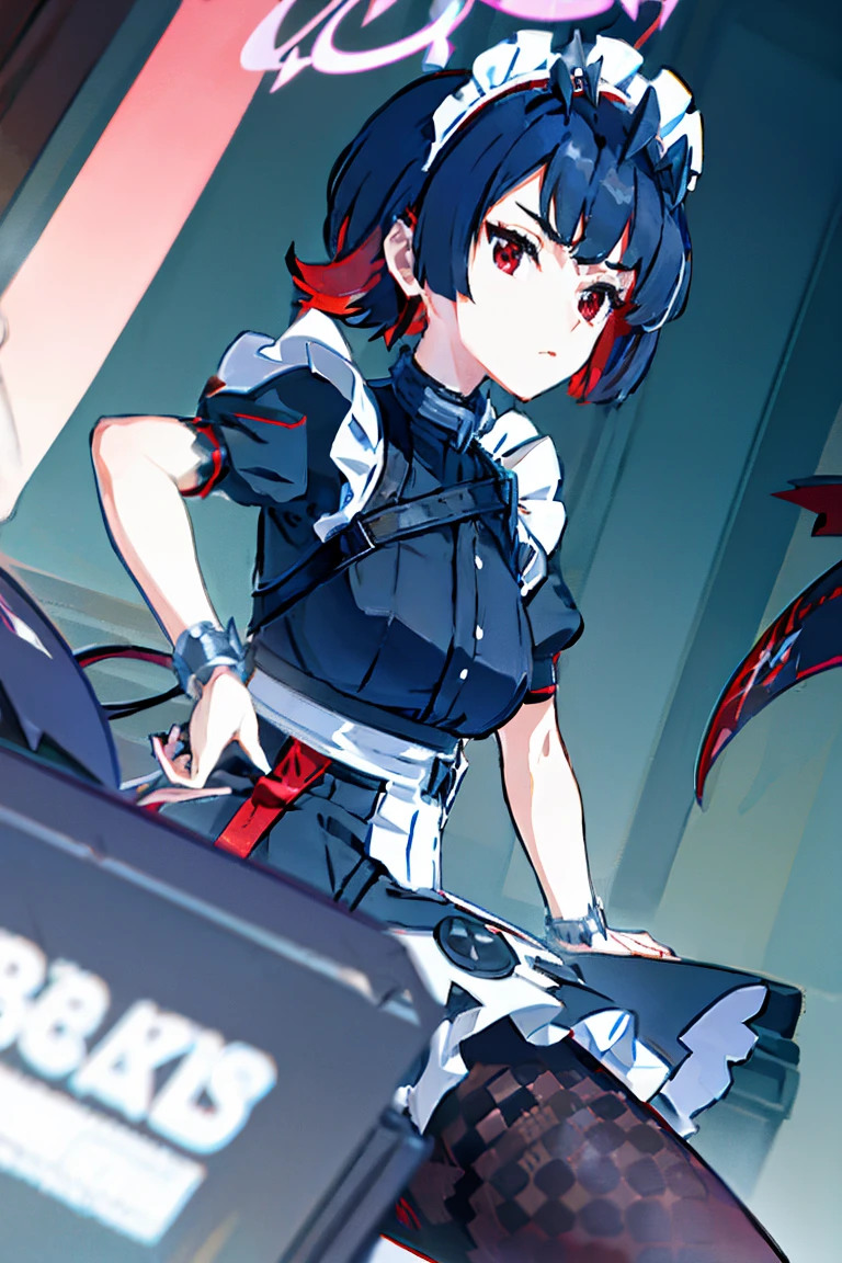 (((halo))), ellen joe, black hair, colored inner hair, multicolored hair, (red eyes:1.3), red hair, short hair, two-tone hair, apron, black pantyhose, black shirt, black skirt, ear piercing, fins, fish tail, maid, maid apron, maid headdress, pantyhose, piercing, puffy short sleeves, puffy sleeves, shark girl, shark tail, shirt, short sleeves, skirt, tail, two-tone hair, wrist cuffs,
