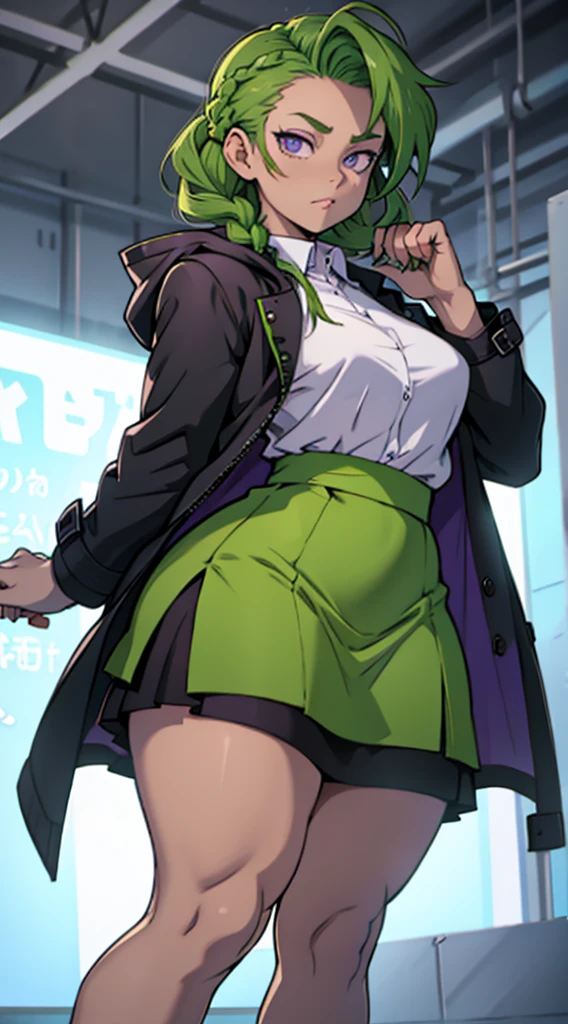 1 girl with short green hair, braided hair, (violet eyes), wearing a big coat and a small skirt, thick thighs,