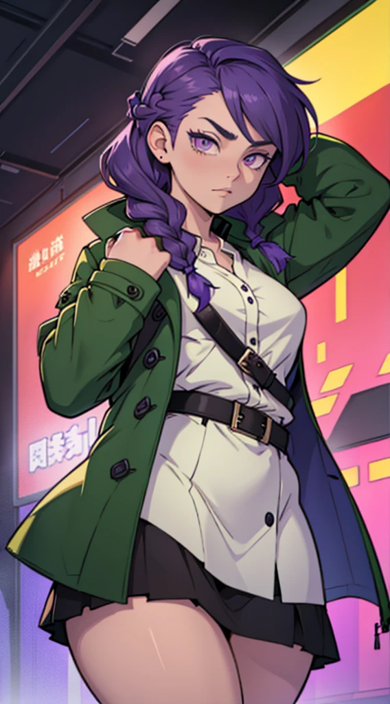 1 girl with short green hair, braided hair, (violet eyes), wearing a big coat and a small skirt, thick thighs,