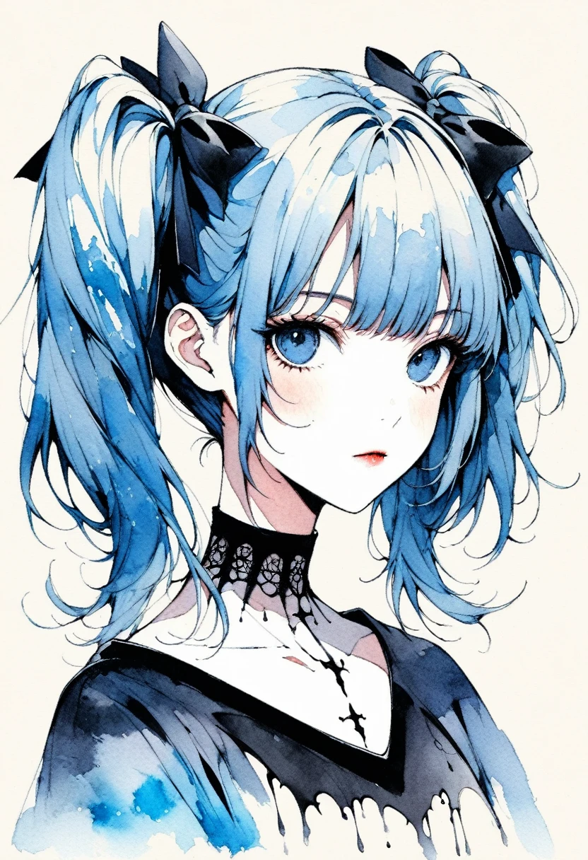 A gothic girl with twin pigtails, minimalist style, line art, large negative space, watercolor painting, abstract, blue color