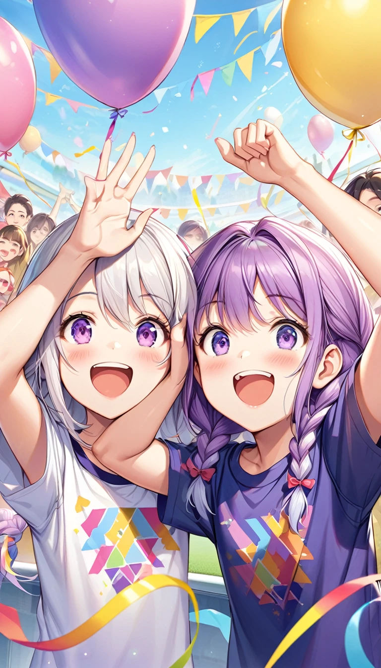 (Children's Day illustration), Two kids in casual sportswear cheering with hands raised on football field,  yinji, Purple Hair, Purple Eyes, Long hair, White hair, Double braid, Gradient hair, Bright and warm, There are streamers and balloons everywhere., Crowd cheering. Characters make up only a small part of the picture.