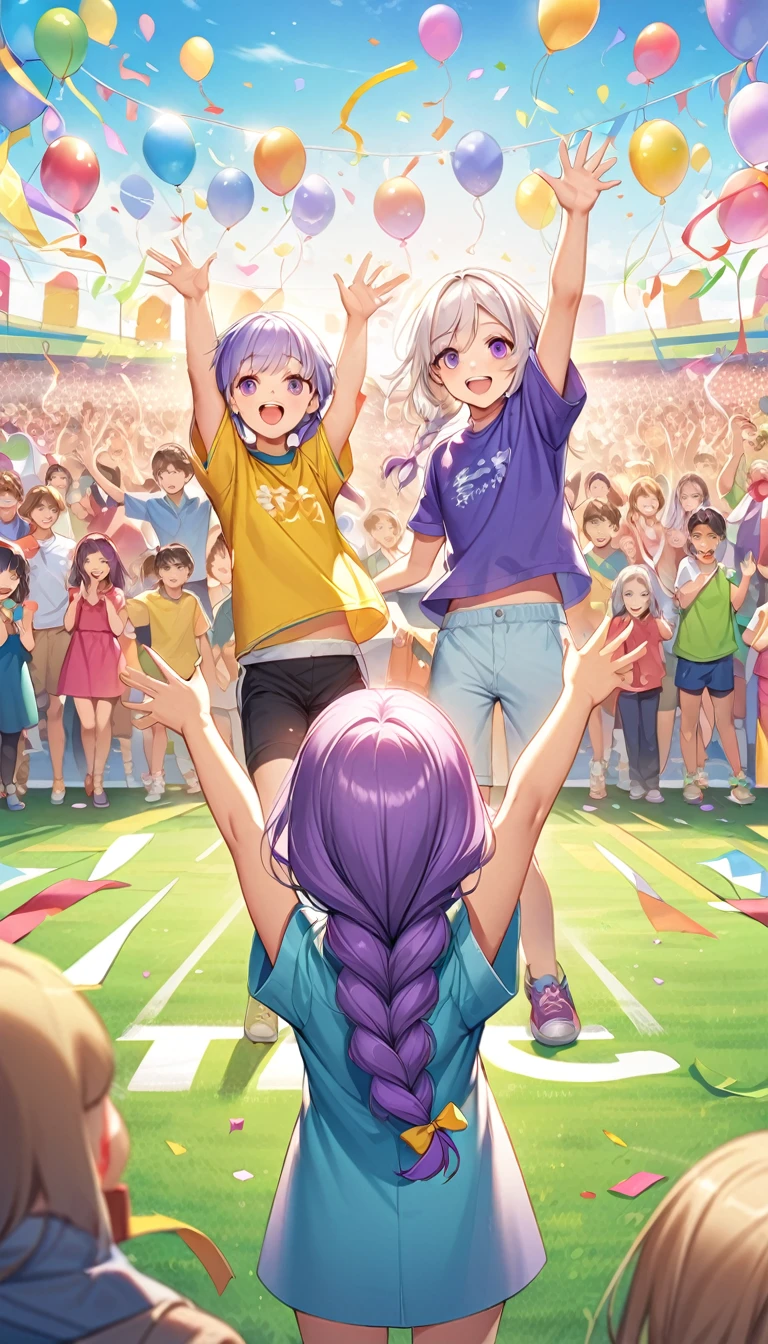 (Children's Day illustration), Two kids in casual sportswear cheering with hands raised on football field, yinji, Purple Hair, Purple Eyes, Long hair, White hair, Double braid, Gradient hair, Bright and warm, There are streamers and balloons everywhere., Crowd cheering. Characters make up only a small part of the picture.