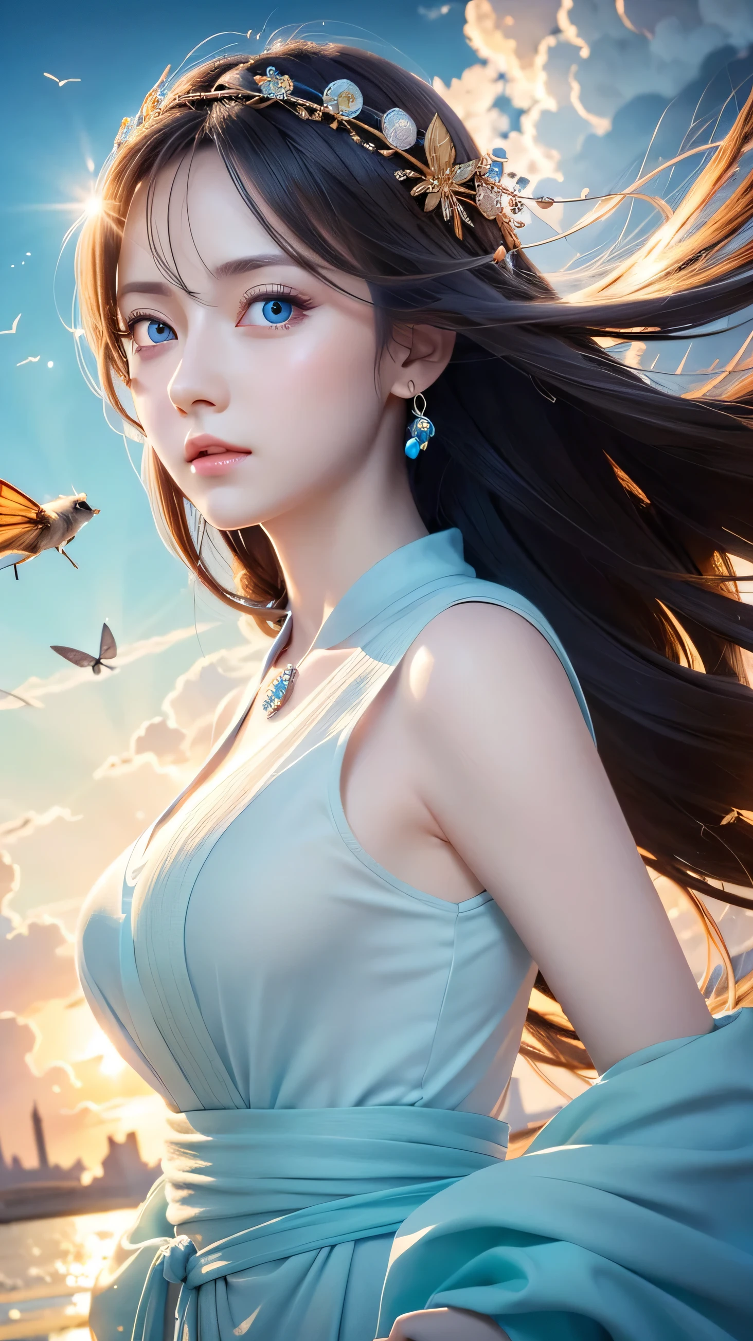 Piece Fly, best quality, illustration, Very detailed, Fine details, high resolution, 8K Dende Wallpaper, Perfect dynamic composition, Exquisite and detailed, Bright and shiny light sky blue, Very big eyes, Women's Fashion Summer,Extra Long Platinum Blonde Hair,Bangs between the eyes、Large Breasts、Natural lipstick, Bold and sexy pose,Shy laugh,Cute、20-year-old girl,Very cute face、Girl with a pretty face、Sexy shot looking at camera、Cheek highlights