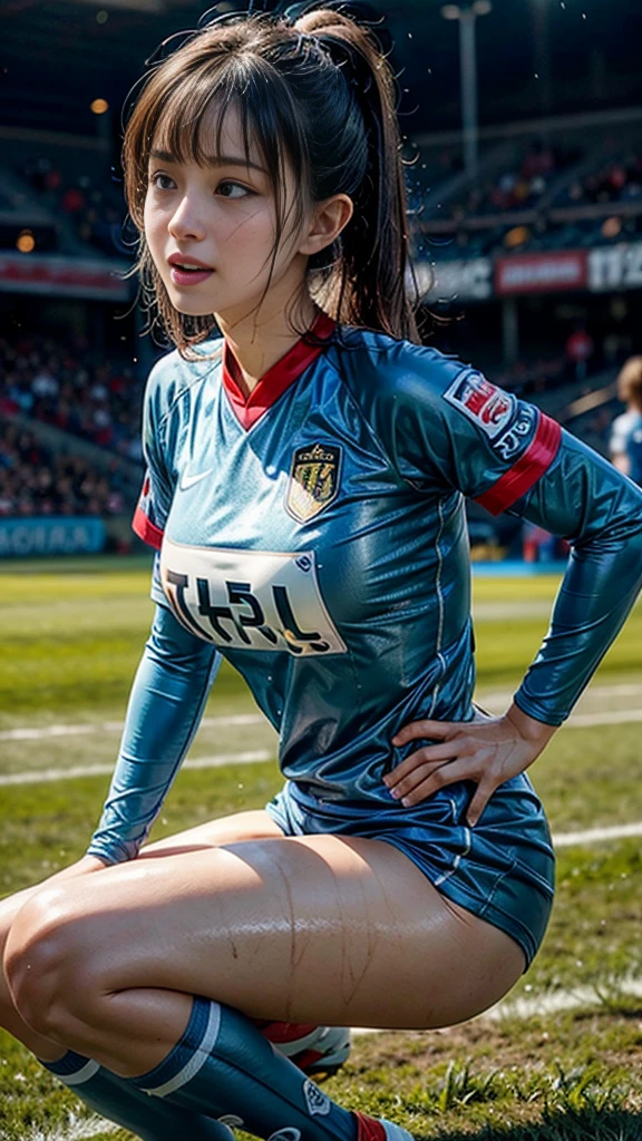 Highest quality, High resolution:1.2, Very detailed, Realistic:1.3, ((Beautiful woman))、((Super tight uniform))、((Big Breasts))、Vibrant colors, play soccer,((Blunt bangs))、Various Hair Styles、Different hair colors、With bangs、Wet Hair, concentrate, splash, Action Shots, Grass blotches, Muddy ground, Wet turf, decide, Fast-paced games, Athletic physique, Shiny soccer ball, Wet Uniform, raindrop, Blurred motion, ボールにconcentrateする, Intense competition, Skillful dribbling, Energetic play, Teamwork, powerful shoots, Wet pitch, Passionate sports, Fierce decide, Humid atmosphere, Fluid movement, emotional expression、Dramatic lighting, Women's Sports, Avid athletes, Exciting Games, Endure, Excited state, Speed and agility, Energetic play, 濡れたsplash、smile、Red Uniform